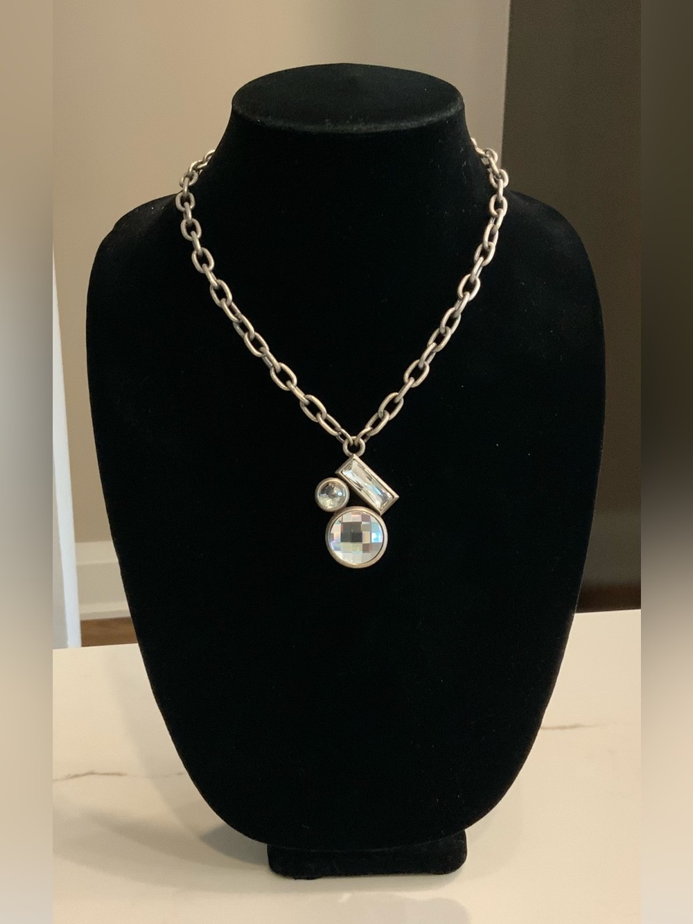 MYKA Silver Tone Chain Necklace with Clear Crystal Pendant